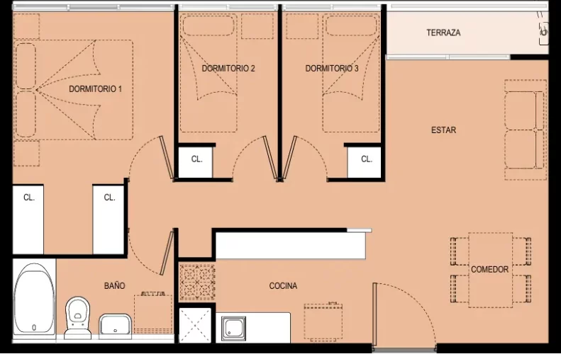 Departamento de 3 dormitorios 1 baño 48 m2 entrega inmediata venat con bono pie metro Cerrillos